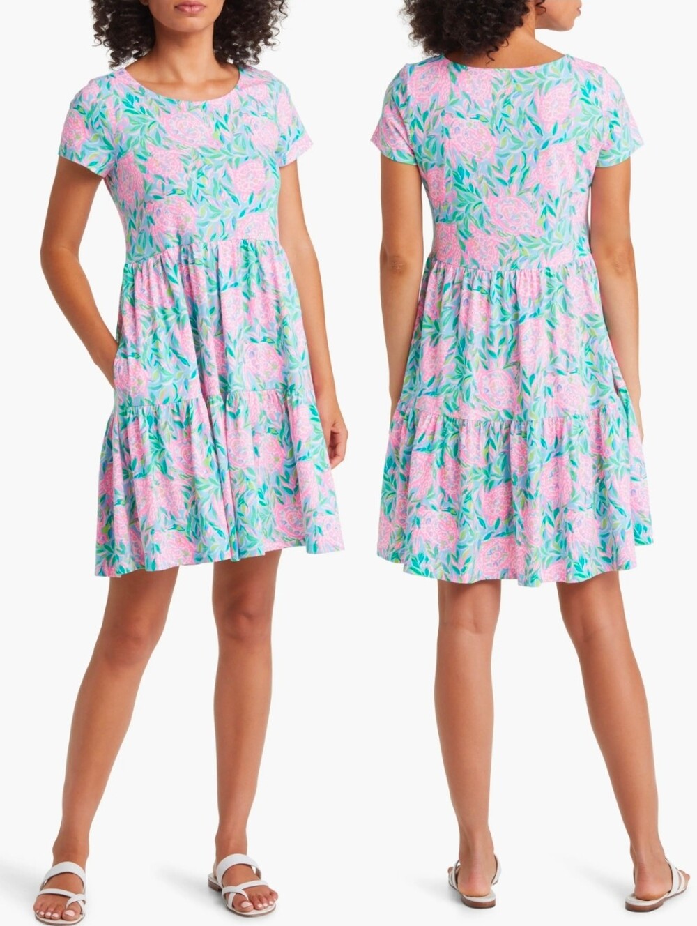 LILY PULITZER Green Geanna Turtle Nature Print Cotton Tiered Short Sleeve Dress
